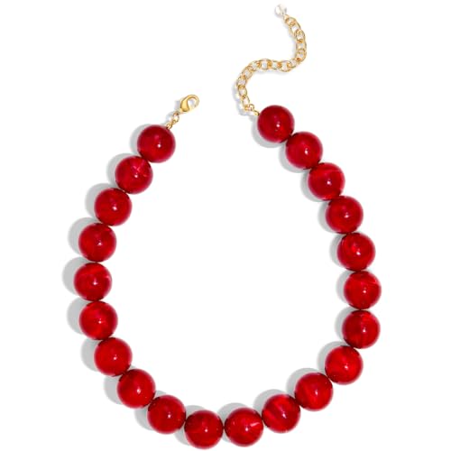 Chunky Beaded Choker Necklace for Women Boho Statement Necklace with Large Pearl Blue Brown Tone Resin Beads Summer Beach Jewelry Gifts - color: Red