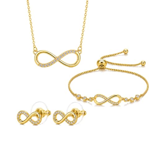 Nilu's Collection Infinity Shape Cubic Zirconia Diamond Bracelet for Women, Jewelry for Gift, Adjustable Charm Bracelet (Rose Gold Necklace + Bracelet) - color: Gold Combo