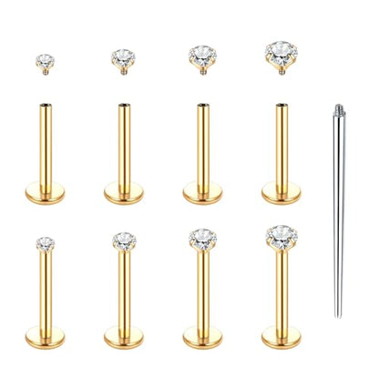 Xpircn Flat Back Stud Earrings 14K Gold Plated Internally Threaded CZ Stud Piercing Jewelry for Tragus Helix Cartilage Conch Nose Hypoallergenic Lip Labret Medusa Piercing 16G 18G - color: 16 Gauge, Gold, size: 10mm Bar