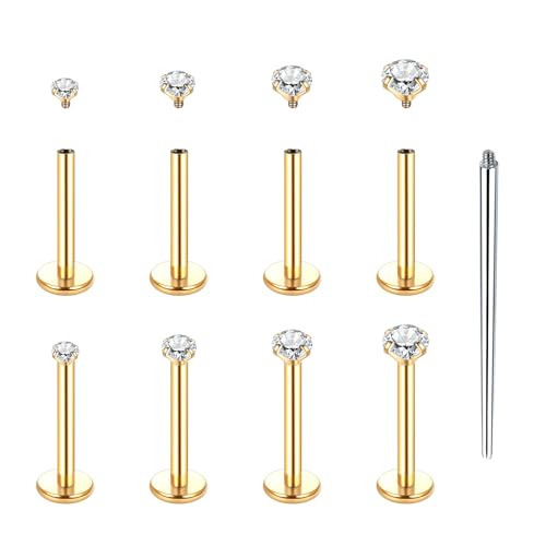 Xpircn Flat Back Stud Earrings 14K Gold Plated Internally Threaded CZ Stud Piercing Jewelry for Tragus Helix Cartilage Conch Nose Hypoallergenic Lip Labret Medusa Piercing 16G 18G - color: 16 Gauge, Gold, size: 10mm Bar