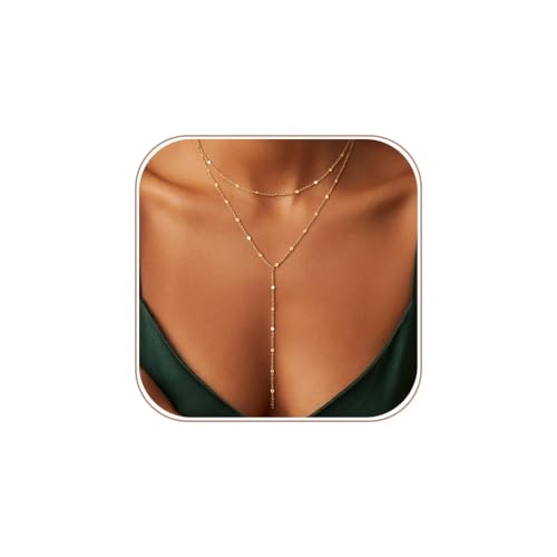 Gold/Silver Necklace for Women 14K Gold/Silver Plated Long CZ Necklaces Layered Lariat Chain Beach Choker Trendy Stuff Simple Cute Accessories Gifts Prom Formal Jewelry - color: GD