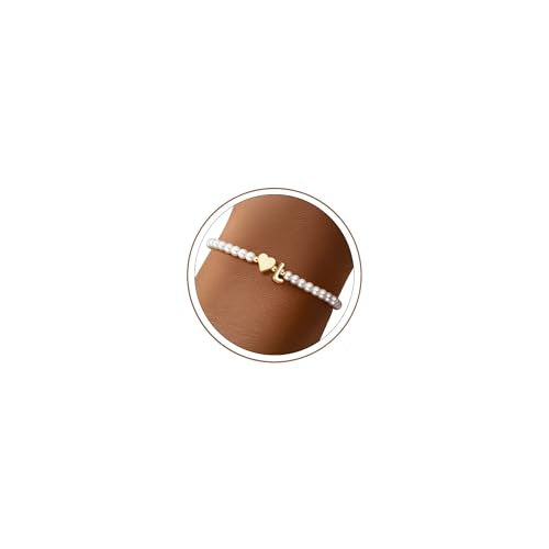 M MOOHAM Pearl Initial Bracelets for Teen Girls, Heart Letter A-Z Bracelets | 14K Gold Plated Heart Letter Bracelet, Dainty Stretch Pearl Initial Bracelet, 6-14 Year Old Girl Birthday Gifts for Teen Girl - color: L