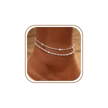 Gold Ankle Bracelets for women,14k Gold/Silver Plated Waterproof Layered lightweight Bow Beaded Twisted Chain Cross Butterfly Satellite Ankle Bracelets Set Gold Anklets for women Trendy Summer Beach Jewelry Gift for Women - style: 2 anklets twisted satell