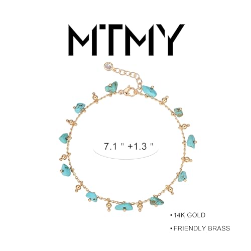 Gold Chain Bracelet for Women, 14K Gold Plated | Dainty Bracelets with Adjustable Chain, Trendy Jewelry Gift for Women - style: beads turquoise