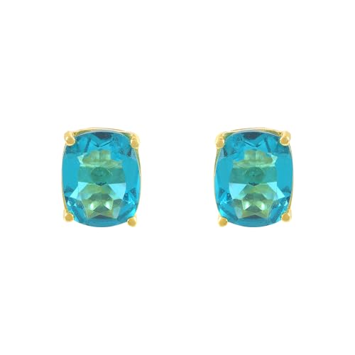 Women's 18K Gold Plated 8x10mm Princess Cut Gemstone Stud Earrings – Birthstone Jewelry for Her – Classic Cushion Studs - color: Swiss Blue Topaz