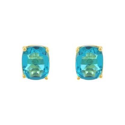 Women's 18K Gold Plated 8x10mm Princess Cut Gemstone Stud Earrings – Birthstone Jewelry for Her – Classic Cushion Studs - color: Swiss Blue Topaz