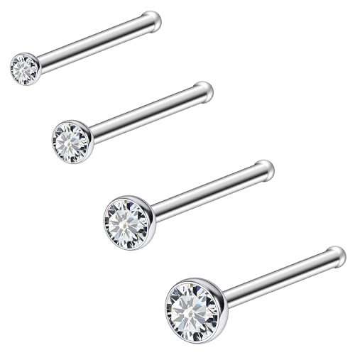 ASTM F136 Titanium Nose Rings 18G 20G 22G Jeweled Clear Round Cubic Zirconia Nose Studs Ring Screw L-Shaped Bone Hypoallergenic Body Piercing Jewelry for Women 1.5mm 2mm 2.5mm 3mm 4PCS - style: Bone:18G(1.0mm)