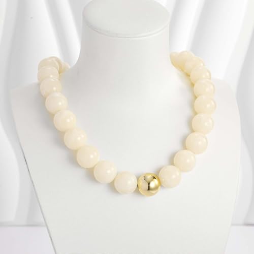 Chunky Beaded Necklace for Women Boho Statement Bead Necklace | Adjustable, Lightweight Choker, Round/Oval/Pebble Beads, Trendy Summer Beach Jewelry - color: White