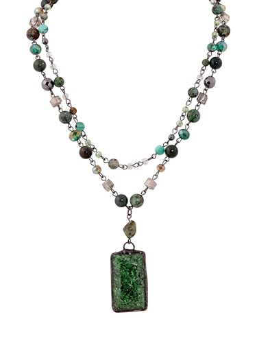 MINACHI Boho Layered Necklace with Green Aventurine-Toned Pendant, Handmade Beaded Chain Jewelry, Vintage Hippie Necklace for Women
