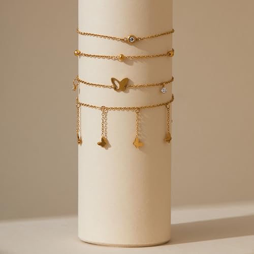 LOFITOR Anklets for Women Ankle Bracelet Charm Link Chain Set Foot | Waterproof Dainty Cz Evil Eye Beaded Anklets Adjustable Beach Foot Jewelry Feet Chains, Summer Beach Foot Jewelry Gifts - style: Butterfly Gold