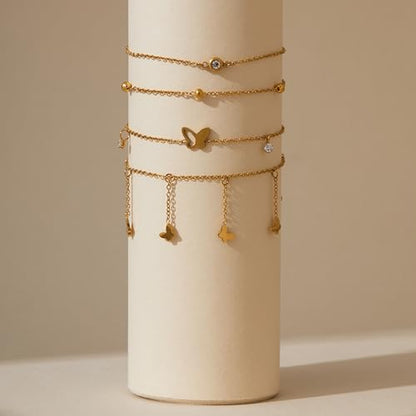 LOFITOR Anklets for Women Ankle Bracelet Charm Link Chain Set Foot | Waterproof Dainty Cz Evil Eye Beaded Anklets Adjustable Beach Foot Jewelry Feet Chains, Summer Beach Foot Jewelry Gifts - style: Butterfly Gold