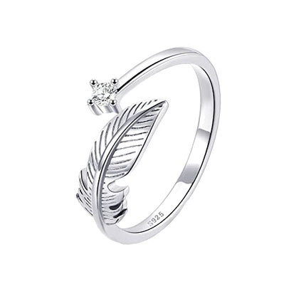 OOOPEL Sterling Silver Adjustable Ring S925 Silver Rings for Women Cubic Zirconia Twist Love Knot Dainty Ring Silver Minimalist Open Finger Rings Silver Thumb Sterling Silver Ring - color: feather ring