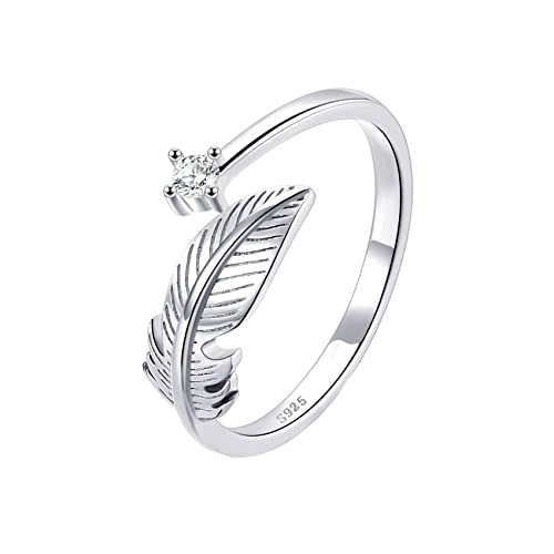 OOOPEL Sterling Silver Adjustable Ring S925 Silver Rings for Women Cubic Zirconia Twist Love Knot Dainty Ring Silver Minimalist Open Finger Rings Silver Thumb Sterling Silver Ring - color: feather ring