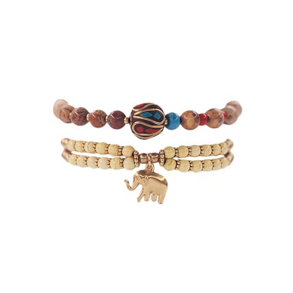 Petite Adjustable Boho Bracelet for Small Wrists 6-7.5 Inch - Handmade Nepalese Buddhist Prayer Bracelet with Elephant Charm, Brass Bell, Turquoise Stone & Tibetan Mantra Beads, Spiritual Lucky Gift - color: Yellow-2Pcs