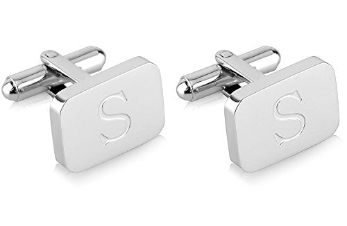 18K White-Gold Plated Initial Engraved Stainless Steel Men’s Cufflinks With Gift Box -Personalized Alphabet Letter’s A-Z By Lux & Pair - style: S- White Gold
