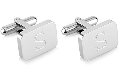 18K White-Gold Plated Initial Engraved Stainless Steel Men’s Cufflinks With Gift Box -Personalized Alphabet Letter’s A-Z By Lux & Pair - style: S- White Gold