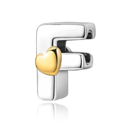Two-Tone Gold Heart S925 Silver Letter Charm Fits Pandora Bracelet Necklace | Initial Bead Two-Tone Gold Heart, DIY European Bracelet Accessory, Gift for Ladies Birthday Anniversary Valentine - style: F