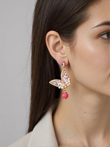 Fringe Dangling Tassel Earrings for Women, Handcrafted Chandelier Long Bohemian Beaded Cubic Zirconia Crystal Imitation Pearls Inlay Statement Boho Chain Hook Earrings for Wedding Party - color: Pink White Drop