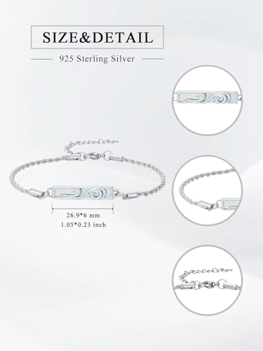 Waves/Tree of Life/Mushrooms/Moon Phase/Butterfly/Hummingbird Bracelet/Anklet 925 Sterling Silver Adjustable Abalone Shell Bar Bracelet/Anklet Summer Jewelry Gifts for Women - color: Waves-Opal, size: Bracele 7"+2"