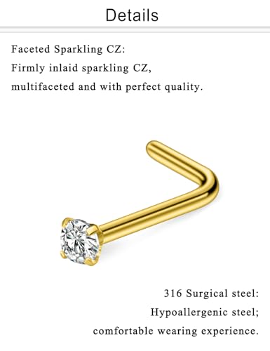 Nose Studs Surgical Steel Nose Rings Studs with Cubic Zirconia 10Pcs Tiny Nostril Rings for Women Screw Bone and L-Shaped Nostril Piercing Jewelry 24G 22G 20G 18G - color: goldtone,L shaped nose studs, size: 20g,2.0mm Clear CZ