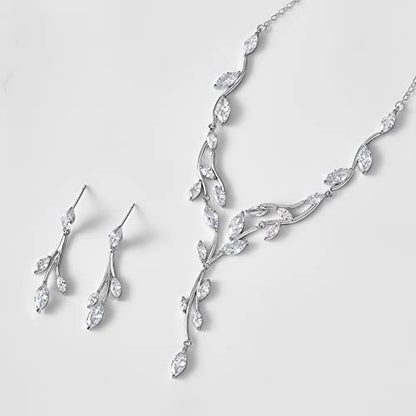 SWEETV Jewelry Set for Women, Cubic Zirconia Marquise Vine Cluster Bridal Earrings and Necklace Set, Bridal Jewelry Set for Wedding Prom - color: 01. Silver
