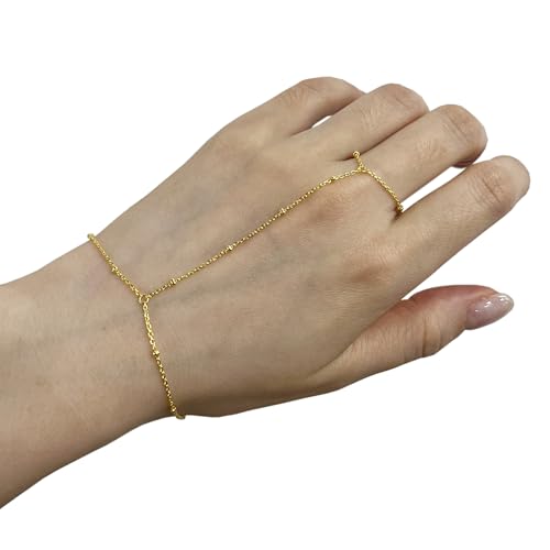 Kakikaki 925 Sterling Silver Finger Ring Bracelet Hand Chain for Women | Slave Bracelets 7" to 9" Adjustable - color: Gold, style: Satellite Chain