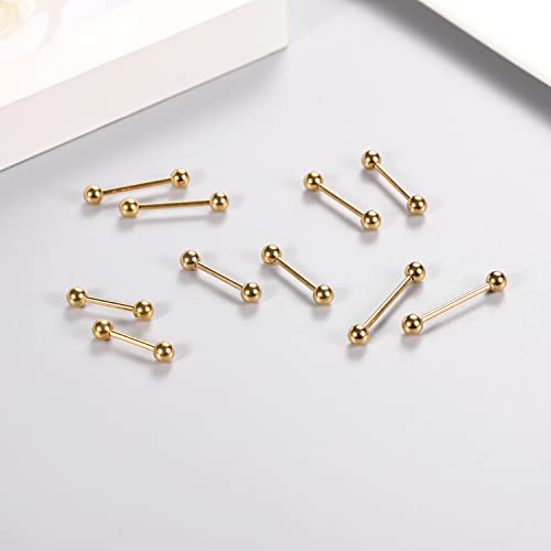 GAGABODY 5 Pairs Nipple & Tongue Rings - 14G Surgical Steel Screw Barbell - Straight, 12mm-20mm - color: Gold