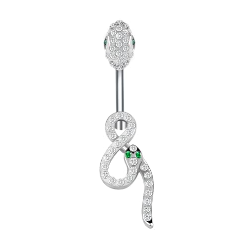14G Surgical Stainless Steel Dangle Belly Button Rings for Women Belly Ring Dangling Piercing Jewelry CZ Snake lizard Skull Spider bat Halloween Party Punk Rock - style: White zirconium green eyed snake shape
