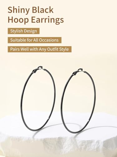 FindChic Thin Hoop Earrings for Women,Silver/Black/Gold Plated 20-100mm - color: Black, size: 80mm