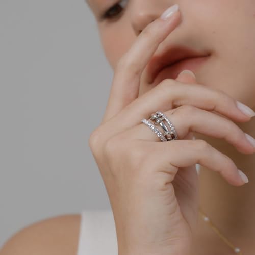 MINDDHA 14K Gold Plated Interlocked Stackable Rings for Women - Statement Multi Ring Stack - Cubic Zirconia Two-Toned Stackable Bands Stacking Jewelry 3 Row Size 4-12 - color: Thin Band&CZ Silver