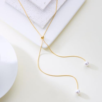 Pearl Necklace Set for Women Long Necklace Pearl Jewelry Beaded Design Drop Y Lariat Style Gift - color: Gold Y Pearl Necklace