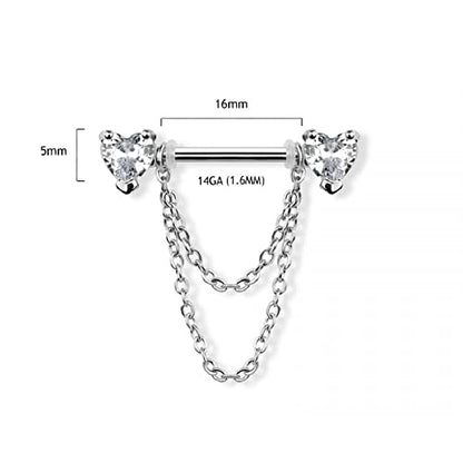 Pierced Owl 14GA 316L Stainless Steel CZ Crystal Hearts with Double Dangling Chains Nipple Barbells, Sold as a Pair - style: Silver Tone