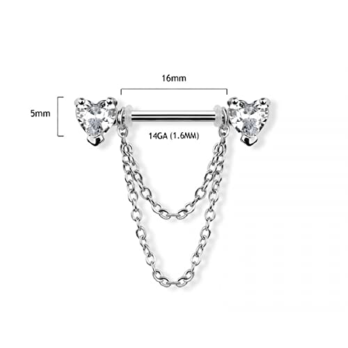 Pierced Owl 14GA 316L Stainless Steel CZ Crystal Hearts with Double Dangling Chains Nipple Barbells, Sold as a Pair - style: Gold Tone