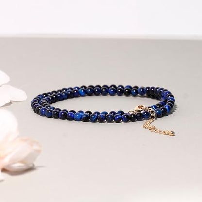Simple 4mm Gemstones and Crystals Choker Necklace Unisex 16"-18" | Necklaces for Women Men, Adjustable, 40-45 cm Chain Length, Handmade, Spiritual Gemstones, Positive Energy, Daily Wear - style: Blue Tiger's Eye