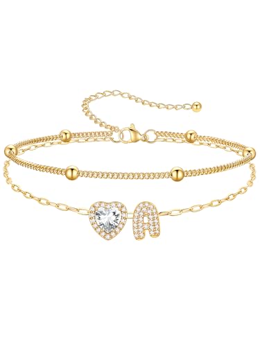 PROSTEEL Initial Ankle Bracelets for Women Waterproof, A-Z Gold/Silver Layered Anklets Adjustable, Summer Beach Gift Jewelry - color: Gold, size: A
