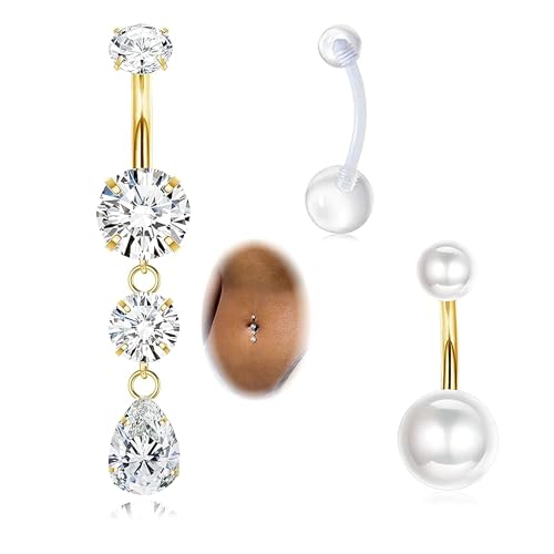 TIANCI FBYJS 3pcs G23 Titanium Pink Belly Button Rings Internally Threaded 10mm Clicker Reverse Curved Hoop Navel Barbell Piercing Jewelry CZ Belly Rings for Women Men - color: gold set4