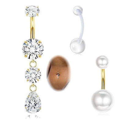TIANCI FBYJS 3pcs G23 Titanium Pink Belly Button Rings Internally Threaded 10mm Clicker Reverse Curved Hoop Navel Barbell Piercing Jewelry CZ Belly Rings for Women Men - color: gold set4