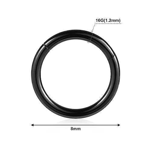 4Pcs 16G 18G 20G Surgical-Steel-Piercing-Ring-Nose-Rings-Hinged-Hoop-Earrings,6mm 8mm 10mm 12mm Seamless Stainless Steel Clicker Eyebrow Septum Piercing Hoop,Sliver Black Gold Rose Gold Rainbow Body Jewelry Set - color: 16G 8mm Black