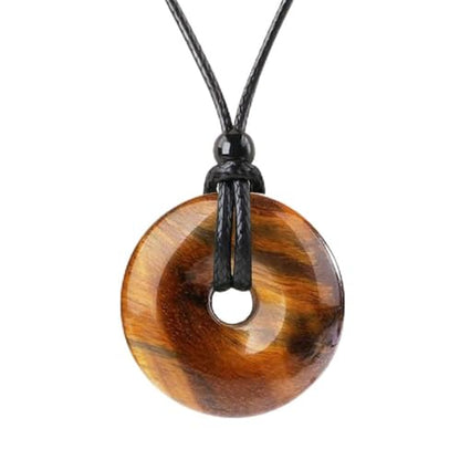 Anjiucc Natural Gemstone Pendant Necklce Lucky Coin Crystal Necklace Donut Pendnat with Adjustable Rope Healing Crystal for Men - color: Tiger's Eye