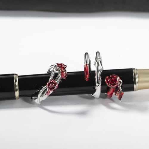 Copper Alloy White Gold Plated Red Rose Shaped Resin Art Gem Ring Set Open Adjustable Stackable Romantic Unique Design Multi-Finger Rings for Women with Premium Gift Box - color: A