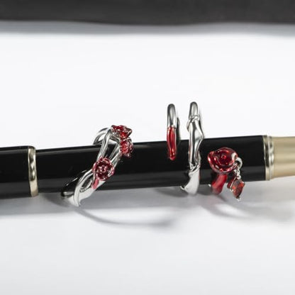 Copper Alloy White Gold Plated Red Rose Shaped Resin Art Gem Ring Set Open Adjustable Stackable Romantic Unique Design Multi-Finger Rings for Women with Premium Gift Box - color: A