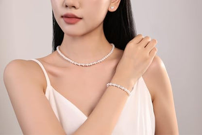 6mm Pearl Jewelry Set for Women & Girls, Necklace Bracelet Earrings | Sparkling Rhinestone Detail, Faux Pearl Set, Prom Gift - style: 16 inches white