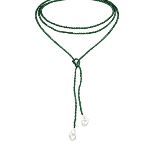 1 Piece Wrap Around Necklace Long Emerald Beaded Slip Tie Adjustable Black Beads Choker Baroque Y Shaped Long Pearl Drop Lariat Necklace for Women
