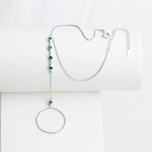Kakikaki 925 Sterling Silver Finger Ring Bracelet Hand Chain for Women | Slave Bracelets 7" to 9" Adjustable - color: Silver, style: 5 Emerald