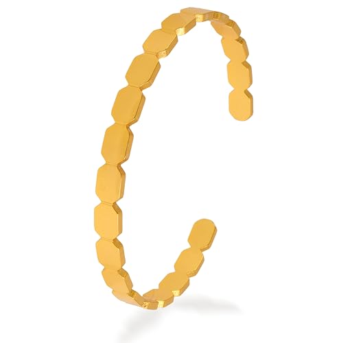 Dainty Gold Open Thin Cuff Bangle Bracelets for Woman, 18k Gold Plated Adjustable Bracelet - color: hammered