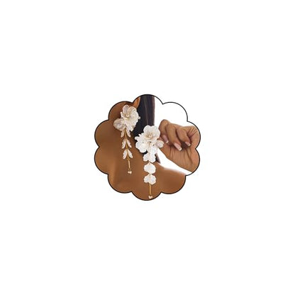 Fabric Flower Earrings for Women Colorful Long Tassel Floral Drop Earrings Fashion Boho Exaggerated Statement Beach Party Jewelry - color: acrylic white