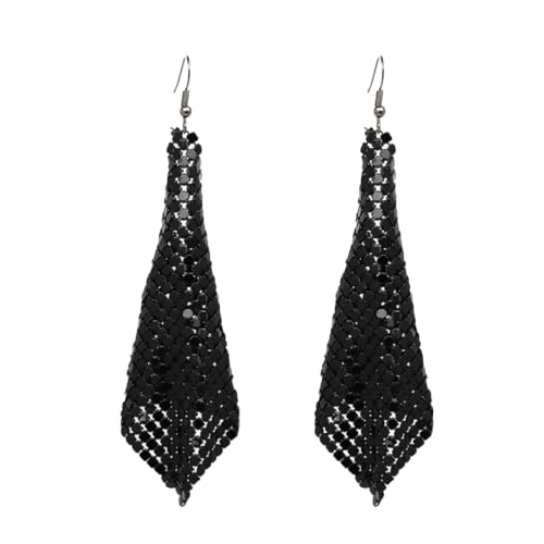 Mesh Sequin Tassel Long Drop Earrings for Women, Lightweight Metal Grid Fringe Dangle Earrings, Colorful Sparkly Alloy Wedding Bridal Party Jewelry (1 pair) - color: Black