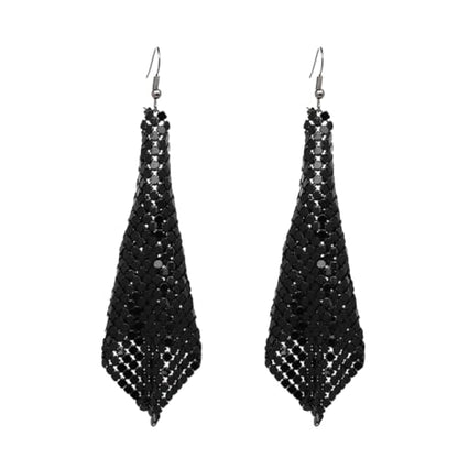 Mesh Sequin Tassel Long Drop Earrings for Women, Lightweight Metal Grid Fringe Dangle Earrings, Colorful Sparkly Alloy Wedding Bridal Party Jewelry (1 pair) - color: Black