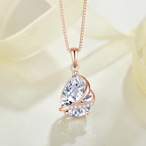 Birthstone Pendant Necklace 925 Sterling Silver Teardrop Jewelry for Women - color: Golden Rose
