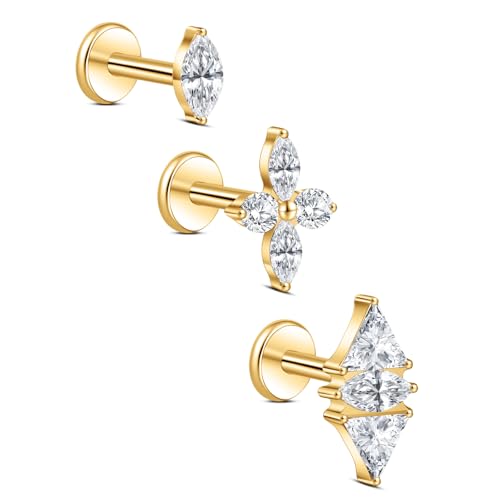 limerencia Titanium Internally Threaded Flat Back Earrings, 3 Pcs Implant Grade Hypoallergenic Studs, 18G Tragus Helix Conch Cartilage Piercing Jewelry for Sensitive Ears Women Men, Gold/Silver - color: Gold-Vibe A